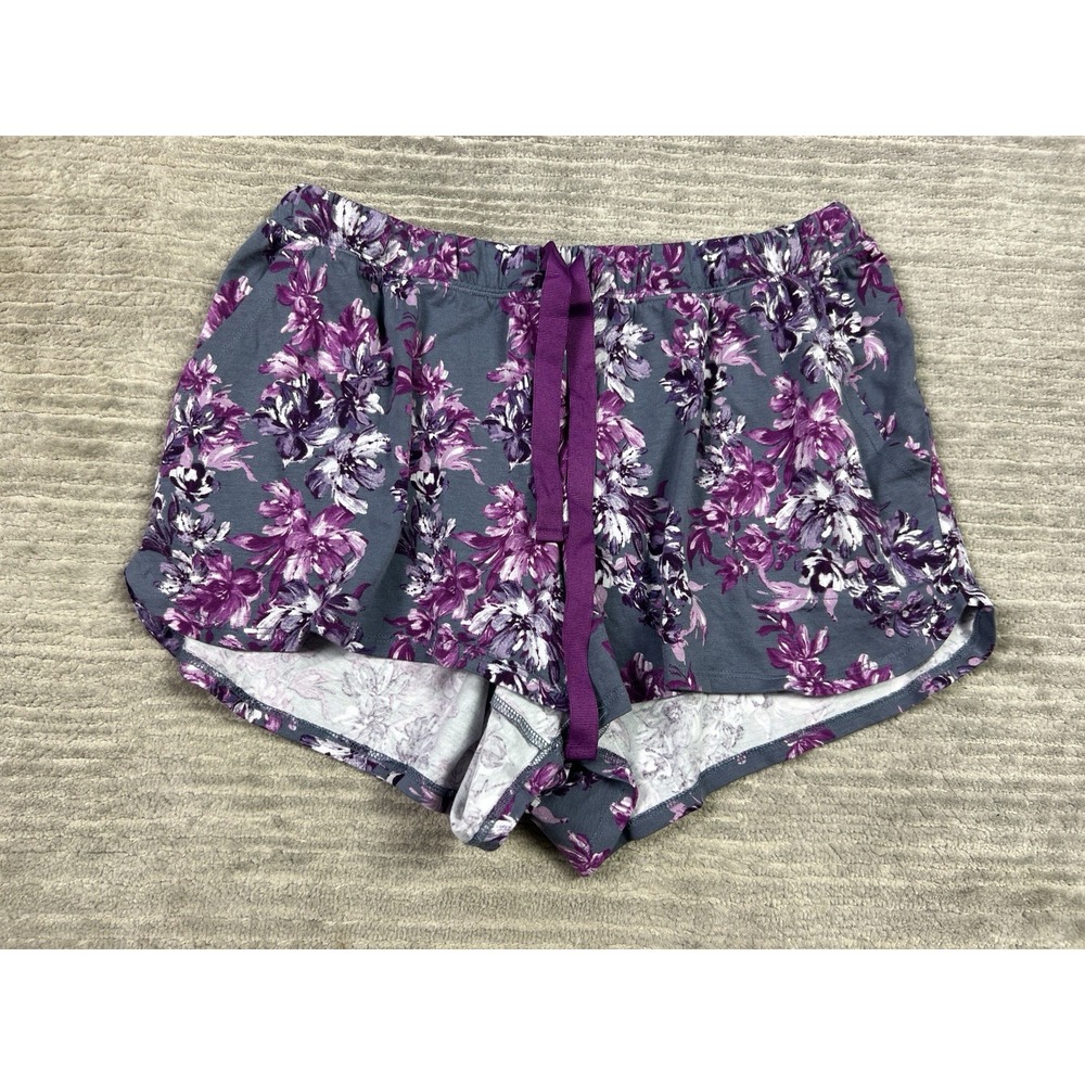 Sleep by Cacique Shorts Womens 12 Gray Purple Floral Pull On Drawstring NWT